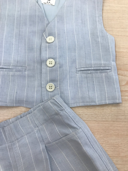 Completo Cielo Blu in cotone pantalone all'inglese con panciotto a celeste con righe bianche