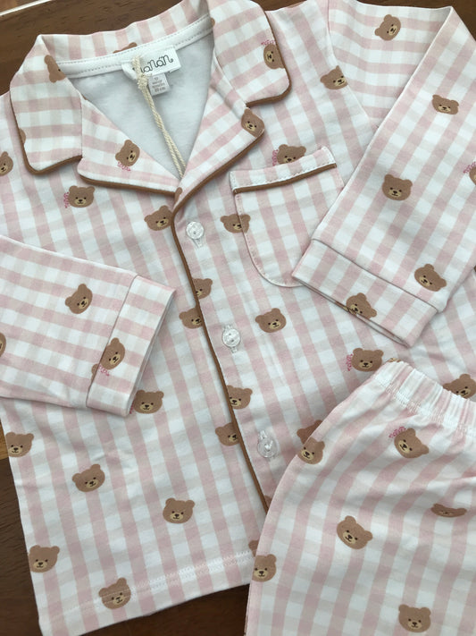 Pigiama Nanan in cotone due pezzi a quadretti bianco e rosa con orsetti marroni