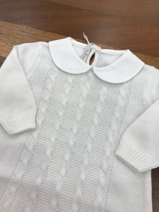 Tutina Baby Lord in filo bianca manica lunga con lavorazione di trecce con collo tondo