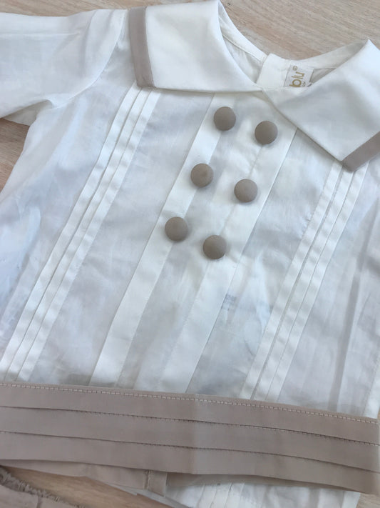 Completo Cielo Blu camicia manica lunga panna con rifiniture tortora con pantalone a sbuffo e fascia con pieghe