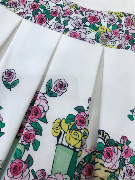 Abito Byblos in cotone con fantasia a fiori smanicato con rusche con zip sul retro
