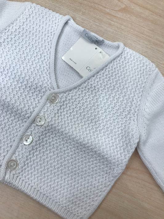 Cardigan Colibrì in filo bianco con bottoncini completamente lavorato
