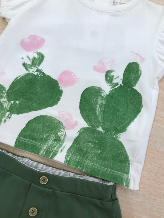 Completo Coccodè in cotone t-shirt bianca mezza manica con disegni pantalone verde con bottoncini