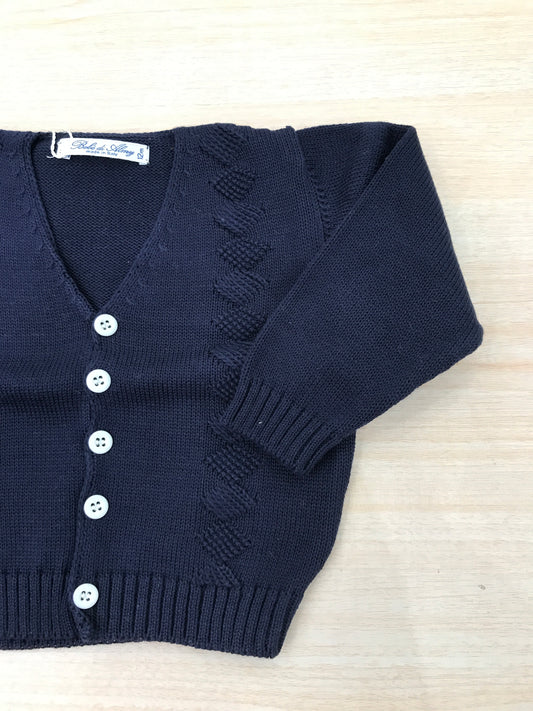 Cardigan Bebè di Almy in filo blu scuro con ricami e bottoncini