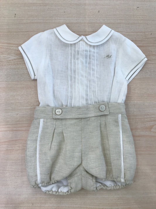 Completo Martin Aranda camicia mezza manica in lino con pieghe e pantalone corto tortora