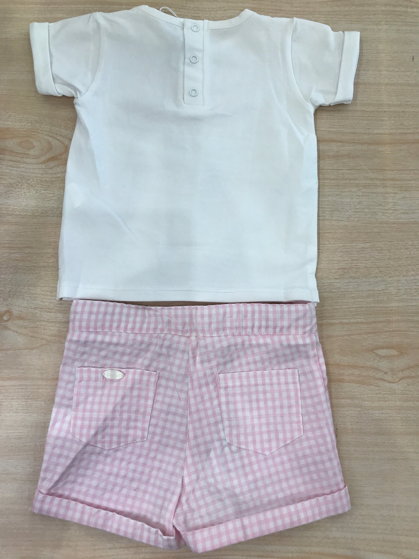 Completo Coccodè in cotone t-shirt mezza manica con decori con pantalone corto a quadretti rosa e bianchi