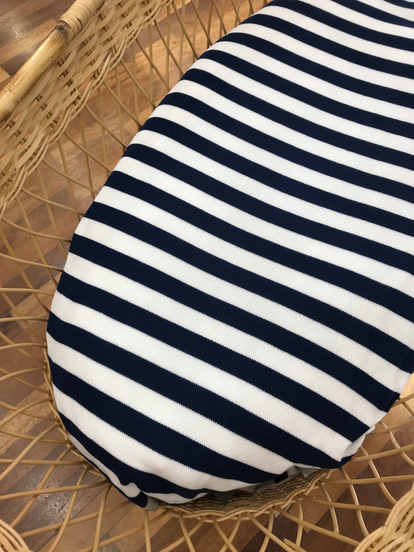 Coperta Baby Lord in filo a righe bianche blu e bordi beige
