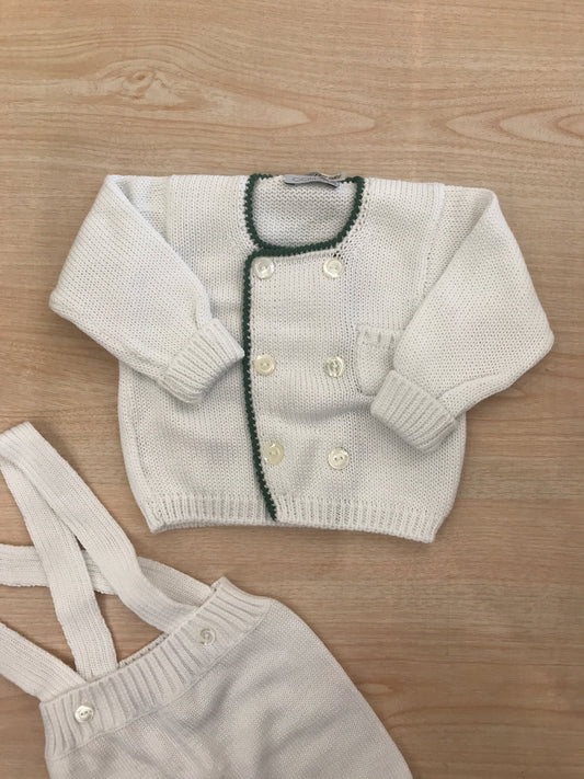 Completo Colibrì in filo di cotone salopette con profilo verde con cardigan doppio petto con profilo verde