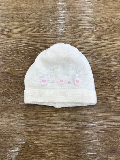 Cappello Baby Lord in lana panna con fiori rosa ricamati