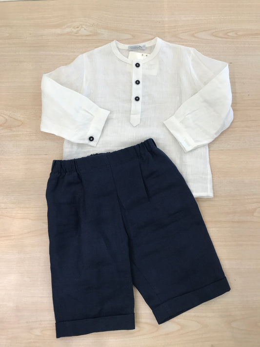 Completo Colibrì due pezzi camicia manica lunga di lino bianco con bottoni blu con bermuda blu