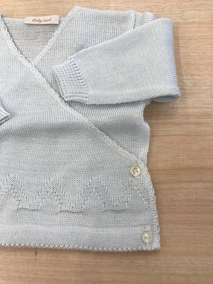 Cardigan Baby Lord in filo di cotone con abbottonatura incrociata con un lavoro traforato al bordo