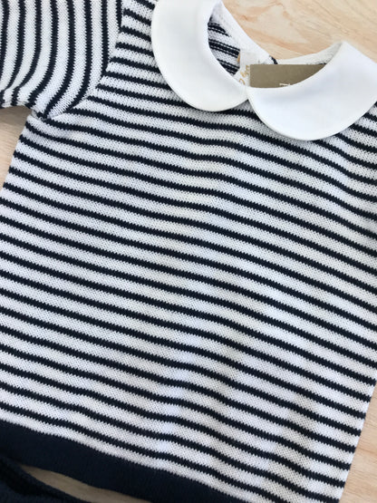 Tutina Baby Lord in filo due pezzi a righe bianche e blu con pantalone con piedini