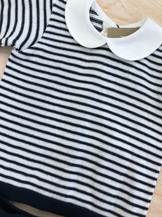 Tutina Baby Lord in filo due pezzi a righe bianche e blu con pantalone con piedini