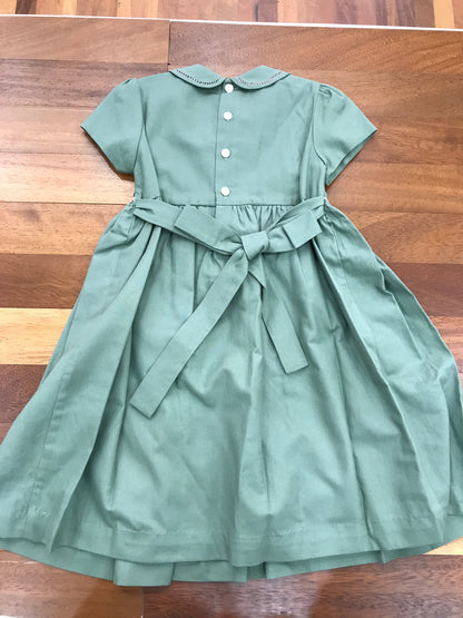 Abitino Les Enfants de Gisele in cotone caldo verde mezza manica punto smock sul corpetto e rose rosa ricamate
