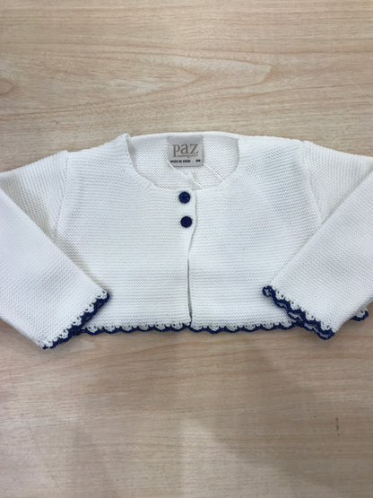 Cardigan Paz Rodriguez in filo bianco con bordo smerlato blu scuro