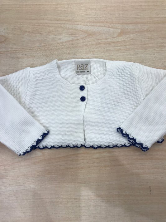 Cardigan Paz Rodriguez in filo bianco con bordo smerlato blu scuro