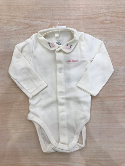 Body Petit Bateau manica lunga panna con colletto ricamato da fiori rosa