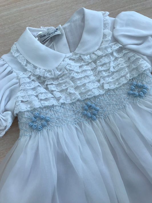 Pagliaccetto Piccola Giuggiola in organza mezza manica con colletto con pizzo corpetto lavorato con lavorazione id rose celesti