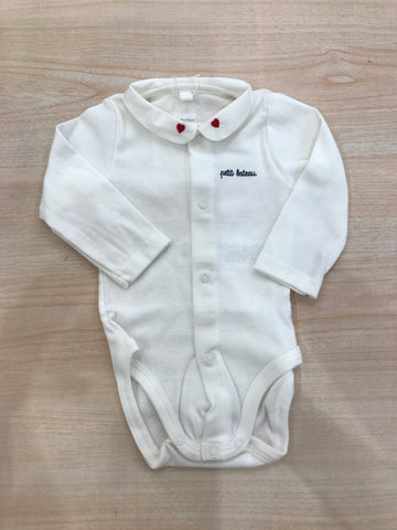 Body Petit Bateau panna manica lunga con colletto ricamato con piccoli cuori rossi