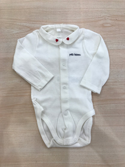Body Petit Bateau panna manica lunga con colletto ricamato con piccoli cuori rossi