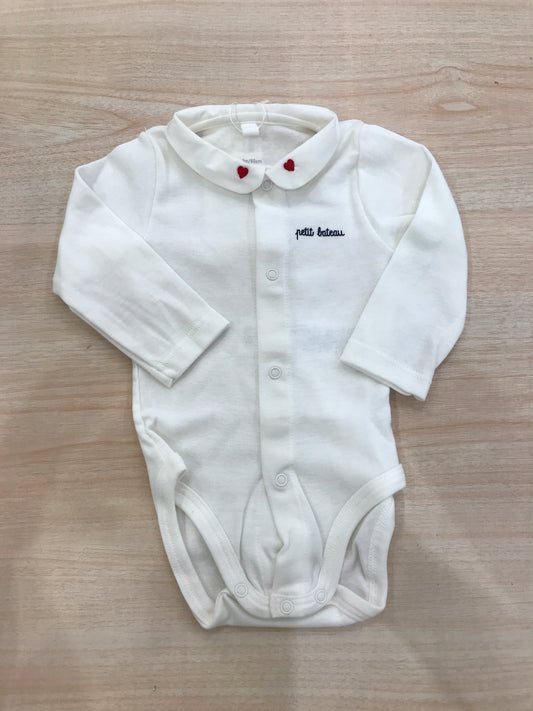 Body Petit Bateau panna manica lunga con colletto ricamato con piccoli cuori rossi