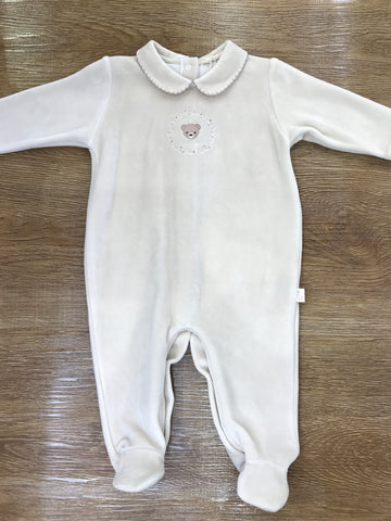 Tutina Baby Gi in ciniglia beige intera con orsetto ricamato sul davanti