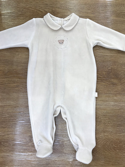 Tutina Baby Gi in ciniglia beige intera con orsetto ricamato sul davanti