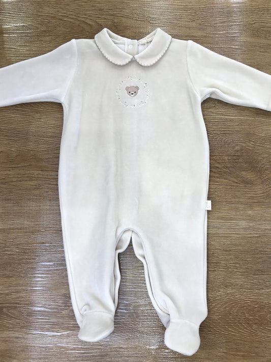 Tutina Baby Gi in ciniglia beige intera con orsetto ricamato sul davanti