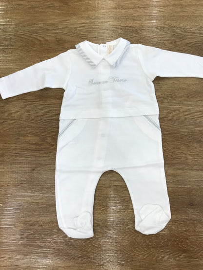 Tutina Cielo Blu in cotone bianca con rifiniture grigie