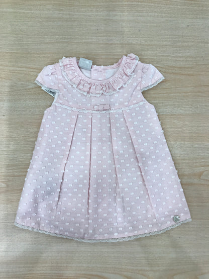 Abito Paz Rodriguez in cotone rosa smanicato con collo con rusche con fiocchetti bianchi