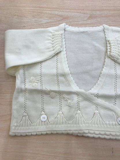 Cardigan Biebi in cotone panna ad incrocio traforato con fiori ricamati tono su tono