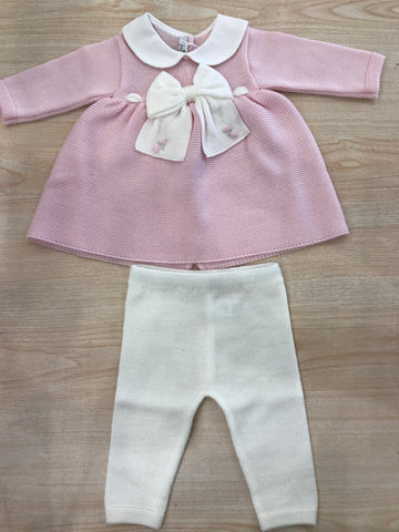 Tutina Baby Lord lana due pezzi panna e rosa con passanastro e fiocco con roselline ricamate a mano