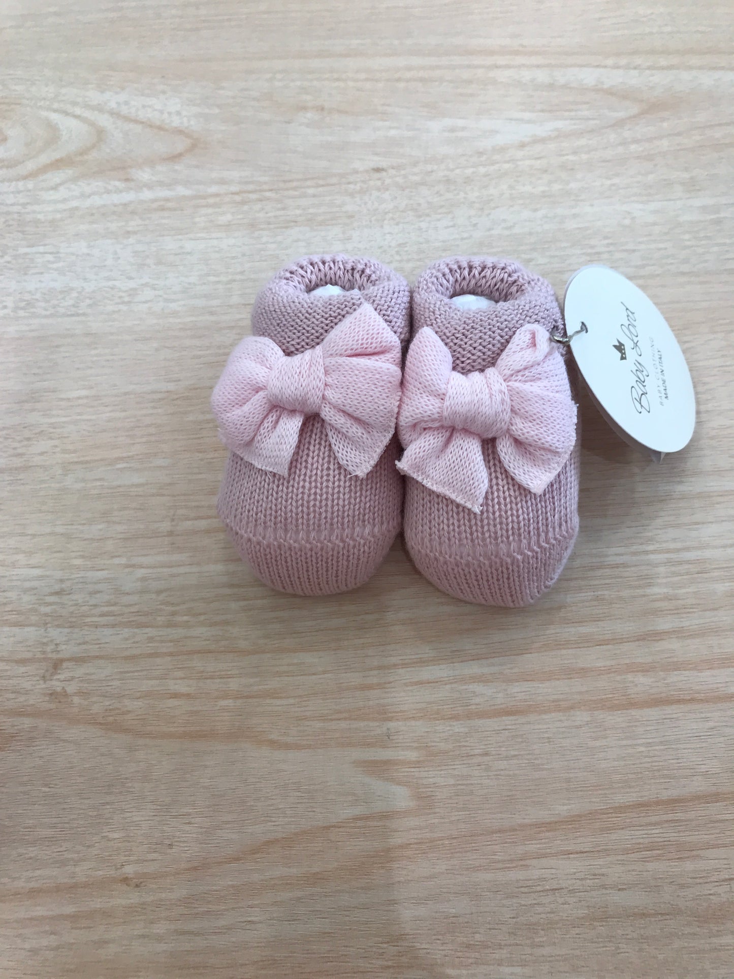 Babbucce Baby Lord in fil rosa antico con fiocco rosa chiaro