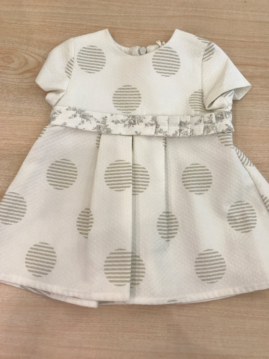 Abito Nanan in cotone panna a pois grigi con rusche in vita mezza manica con zip