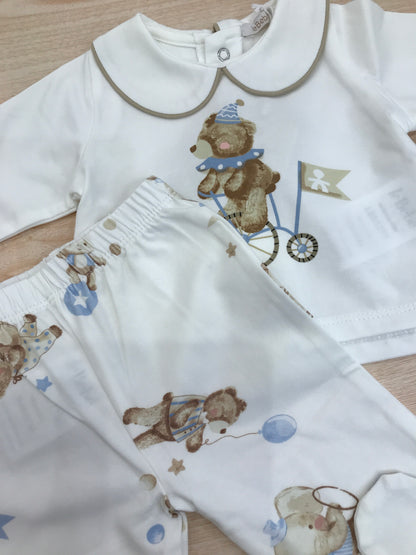 Completo Le Bebè in cotone due pezzi con orsetti che giocano al circo in tortora e celeste