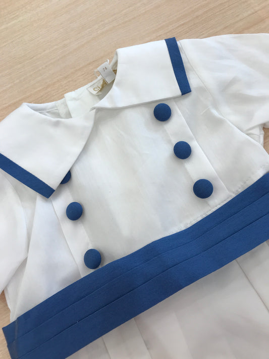 Pagliaccetto Aletta in cotone mezza manica colletto con profilo blu con bottoncini applicati sul davanti blu con fascia a pieghe