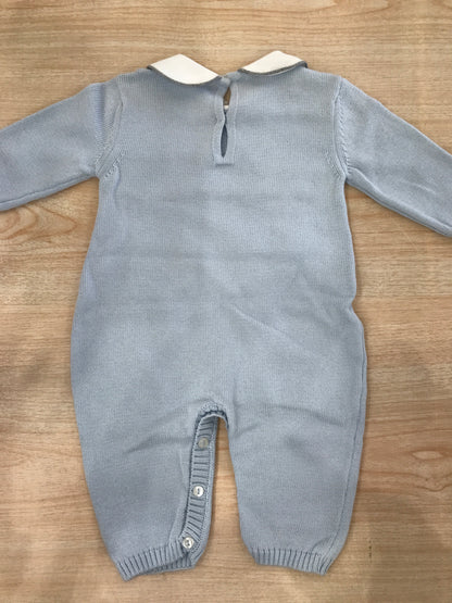 Tutina Baby Lord in filo celeste con passanastro grigio e cuoricini al centro