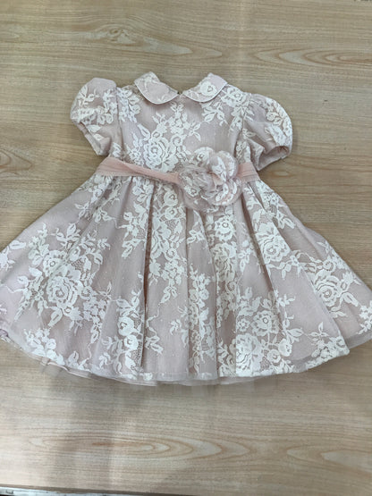 Abito Cielo Blu in cotone rosa mezza manica con strato in tulle rifinito da pizzo con fiore al centro