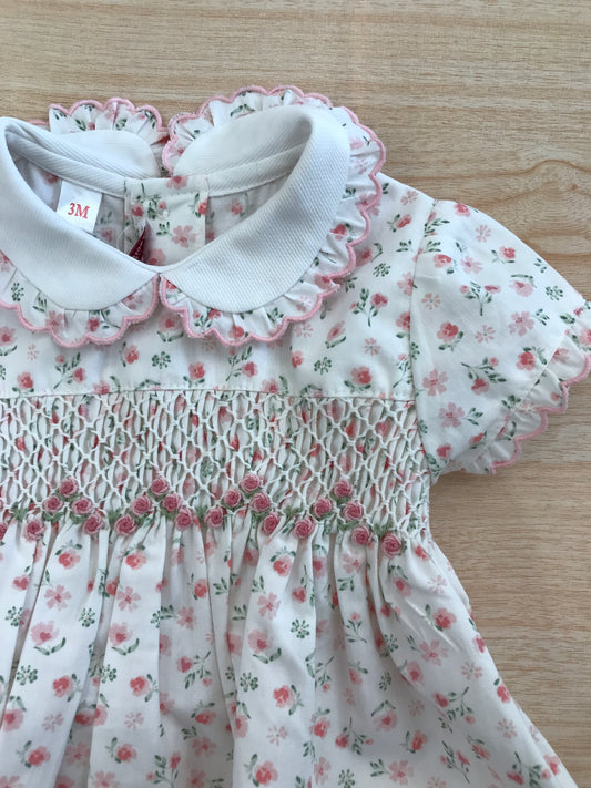 Pagliaccetto Les Enfants de Gisele in cotone mezza manica a sbuffo con colletto smerlato con fiorellini rosa e verdi
