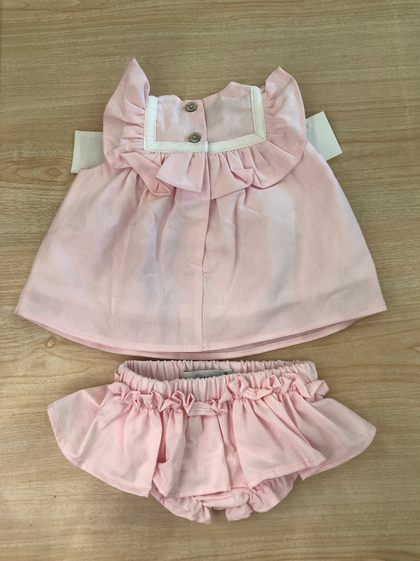 Completo Fofettes in cotone rosa abitino con rusche smanicato con collo marinaretto e fiocco laterale con culotte