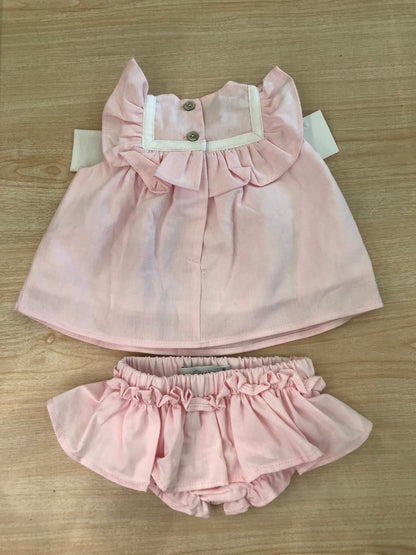 Completo Fofettes in cotone rosa abitino con rusche smanicato con collo marinaretto e fiocco laterale con culotte