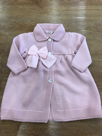 Cappotto Baby Lord in lana rosa antico con fiocchetto rosa e bottoncini a forma di cuore