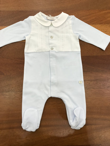 Tutina Paz Rodriguez in cotone celeste manica lunga gamba lunga con piedini collo tondo bianco con dettagli in bianco sul petto