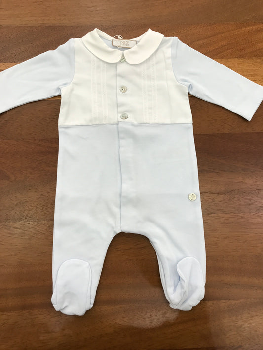 Tutina Paz Rodriguez in cotone celeste manica lunga gamba lunga con piedini collo tondo bianco con dettagli in bianco sul petto