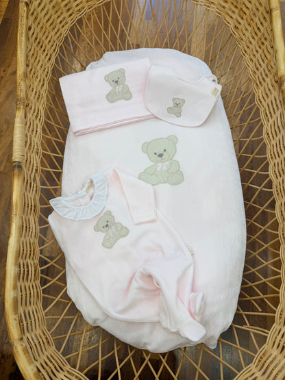 Coordinato nascita Baby Gi in ciniglia rosa con orsetto con fiocchetto