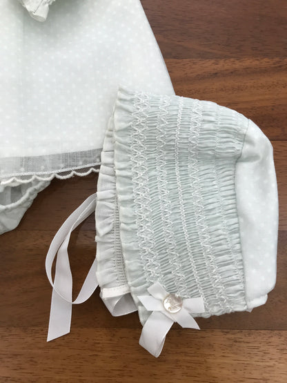 Abitino Paz Rodriguez in caldo cotone verde manica lunga collo con punto smock con culotte abbinata  con cuffia abbinata lavorata da punto smock e cardigan in lana verde