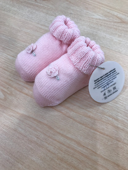 Babbucce Baby Lord in lana rosa con rosa ricamata a mano