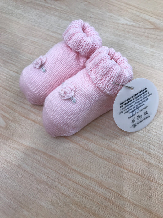 Babbucce Baby Lord in lana rosa con rosa ricamata a mano