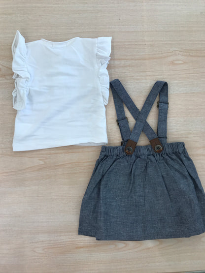 Completo Coccodè in cotone salopette con bretelle e gonnellina con t-shirt smanicata con rusche