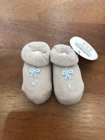 Babbucce Baby Lord in filo tortora con fiocco e pois celeste ricamato
